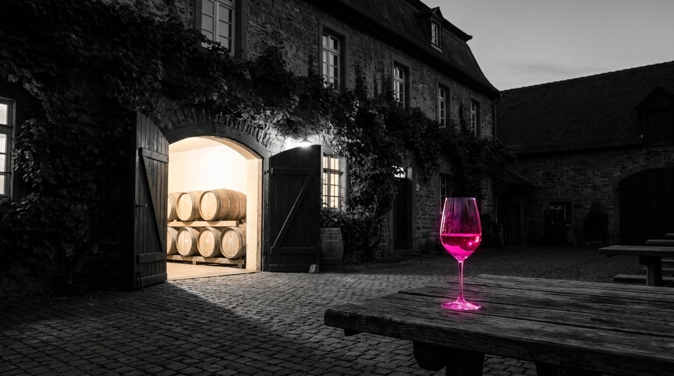 Der Hof eines Weinguts am Abend, die Kellertür offen, ein Glas leuchtet magenta