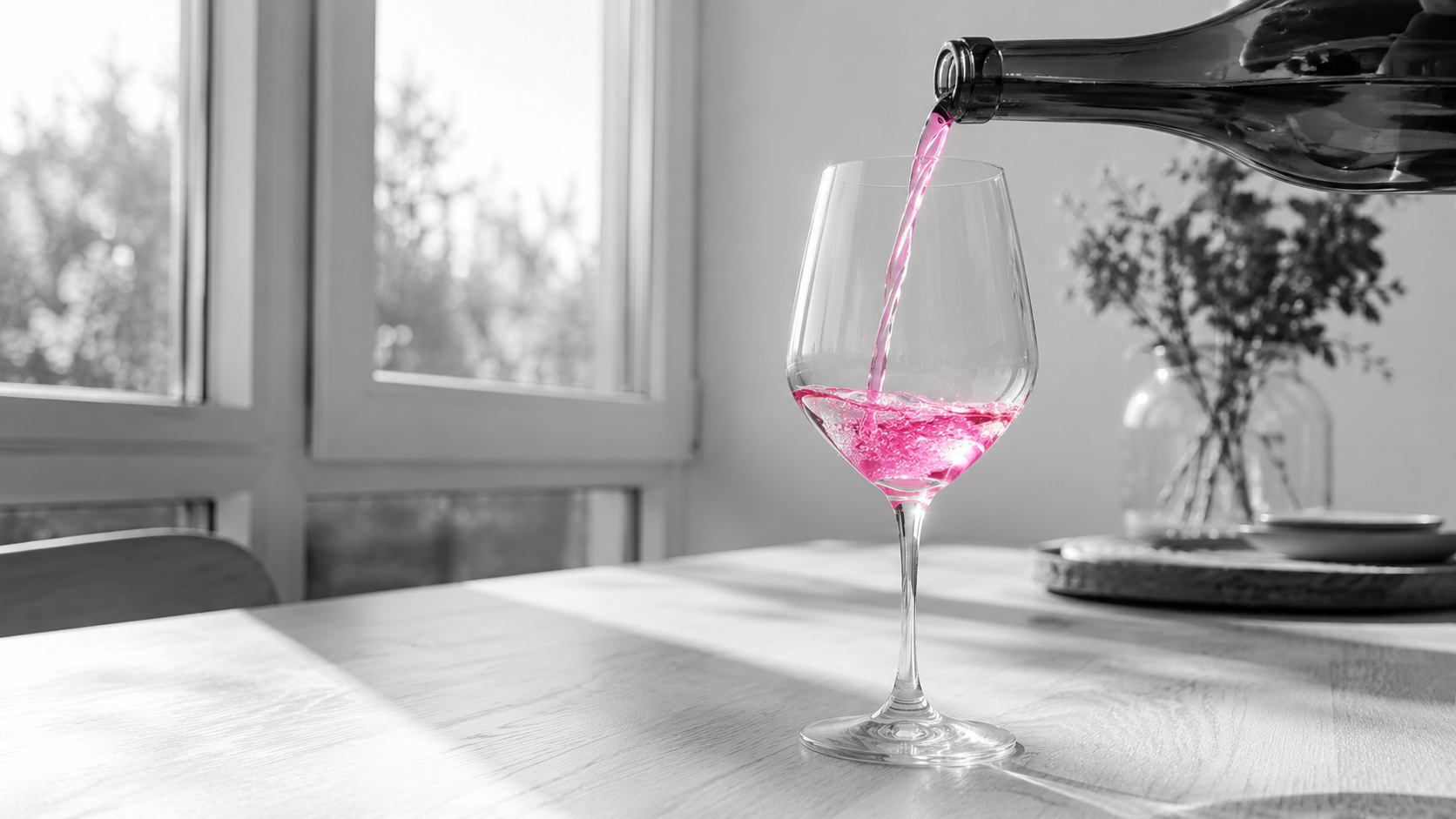 Weißwein wird an einem hellen Tisch ins Glas geschenkt, Schwarzweiß, der Wein leuchtet magenta