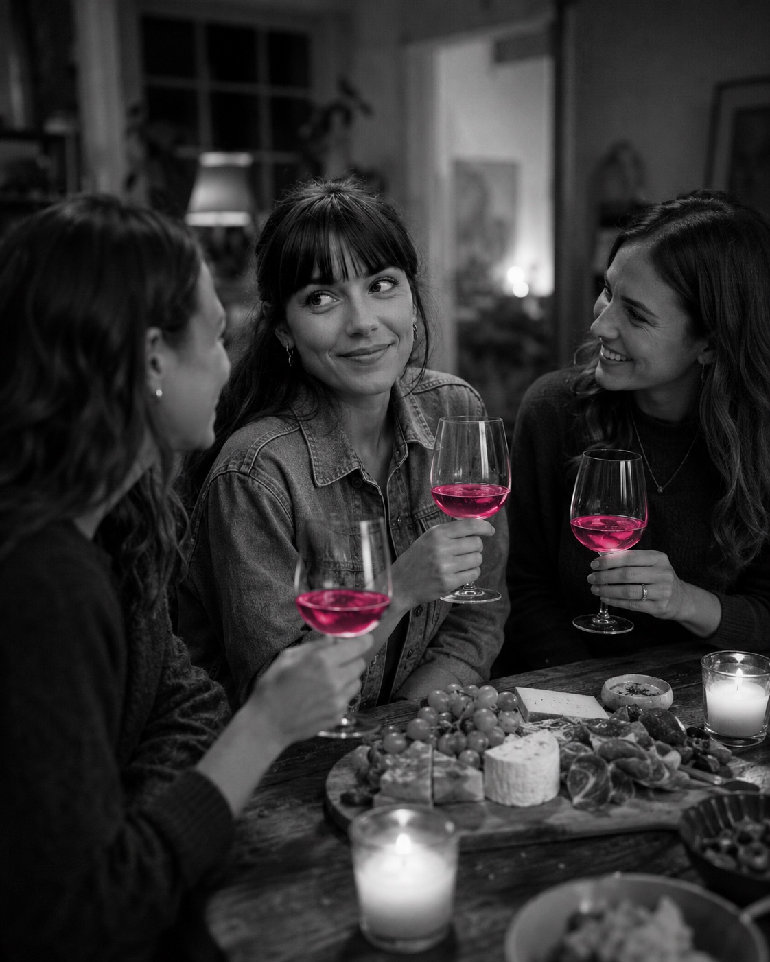 Beatriz e as duas amigas a rir à luz das velas à noite, tábua de queijos e copos de vinho a brilhar em magenta, a preto e branco