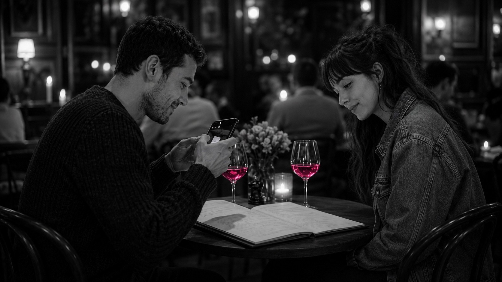 Ele fotografa a carta de vinhos com o telemóvel, o vinho a brilhar magenta