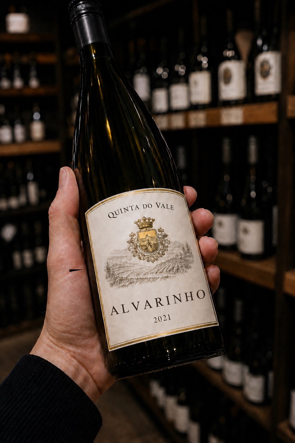 Smartphone a digitalizar um rótulo de vinho com uma moldura-alvo magenta, a preto e branco