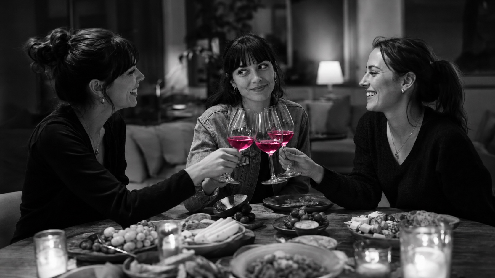 Três amigos a jantar em casa, a Beatriz à direita, velas e copos de vinho a brilhar em magenta, a preto e branco
