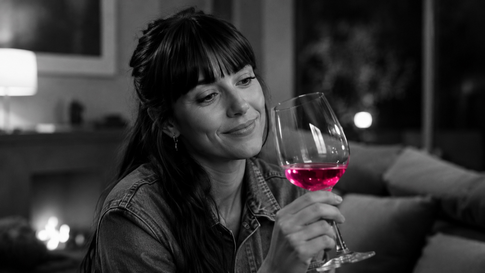 A Emma atrás de um copo de vinho, a preto e branco