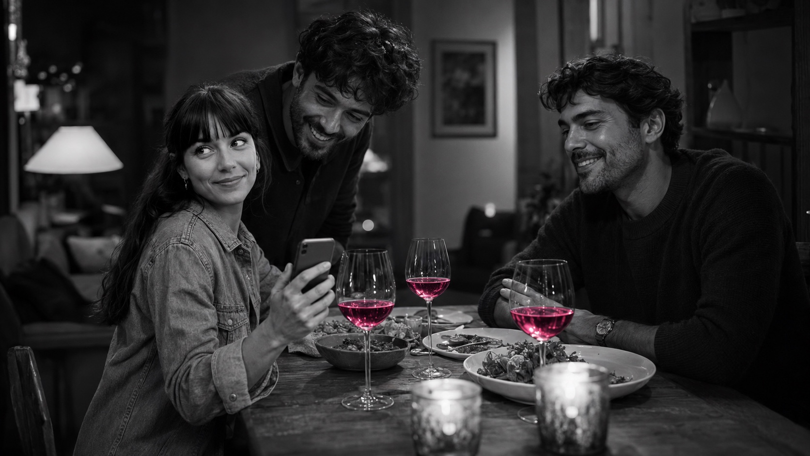 Beatriz a mostrar algo a uma amiga no telemóvel, a preto e branco, os copos de vinho brilham em magenta