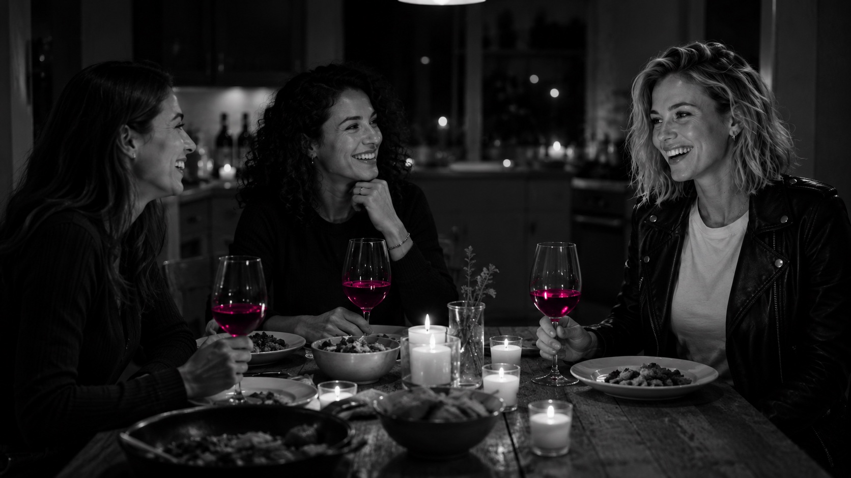 Drei Freundinnen beim Abendessen zuhause, Emma rechts, Kerzen und magenta leuchtende Weingläser, Schwarzweiß